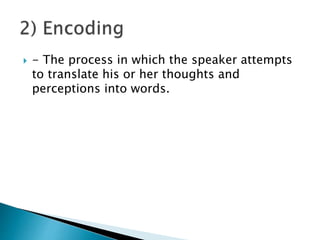  - The process in which the speaker attempts
to translate his or her thoughts and
perceptions into words.
 