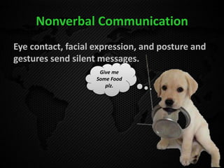 Nonverbal Communication
Eye contact, facial expression, and posture and
gestures send silent messages.
Give me
Some Food
plz.
 