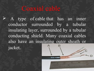 Coaxial cable
 A type of cable that has an inner
conductor surrounded by a tubular
insulating layer, surrounded by a tubular
conducting shield. Many coaxial cables
also have an insulating outer sheath or
jacket.

 