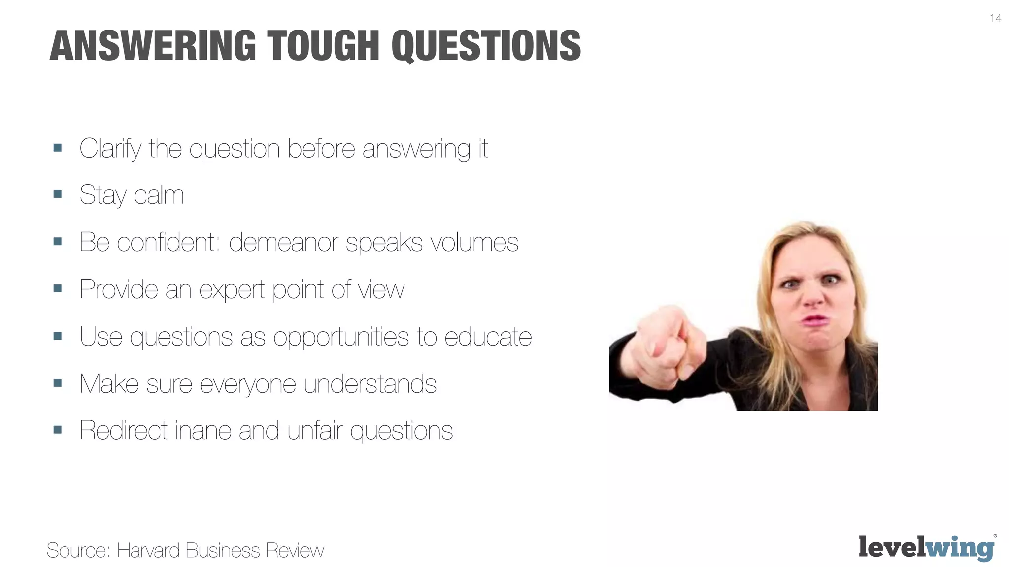 14


ANSWERING TOUGH QUESTIONS

§  Clarify the question before answering it
§  Stay calm
§  Be conﬁdent: demeanor speaks volumes
§  Provide an expert point of view
§  Use questions as opportunities to educate
§  Make sure everyone understands
§  Redirect inane and unfair questions



Source: Harvard Business Review
 