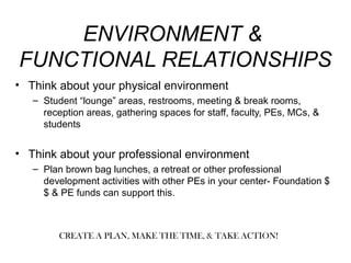 ENVIRONMENT &
FUNCTIONAL RELATIONSHIPS
• Think about your physical environment
– Student “lounge” areas, restrooms, meeting & break rooms,
reception areas, gathering spaces for staff, faculty, PEs, MCs, &
students
• Think about your professional environment
– Plan brown bag lunches, a retreat or other professional
development activities with other PEs in your center- Foundation $
$ & PE funds can support this.
CREATE A PLAN, MAKE THE TIME, & TAKE ACTION!
 