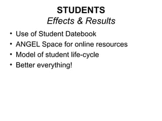 STUDENTS
Effects & Results
• Use of Student Datebook
• ANGEL Space for online resources
• Model of student life-cycle
• Better everything!
 