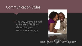 Communication Styles
The way you’ve learned
to handle STRESS will
determine your
communication style.
 