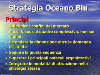 Strategia Oceano Blu Principi Ridefinire i confini del mercato Porre focus sul quadro complessivo, non sui numeri Estendere la dimensione oltre la domanda esistente Seguire la giusta sequenza Superare i principali ostacoli organizzativi Integrare le modalità di attuazione nella strategia stessa 