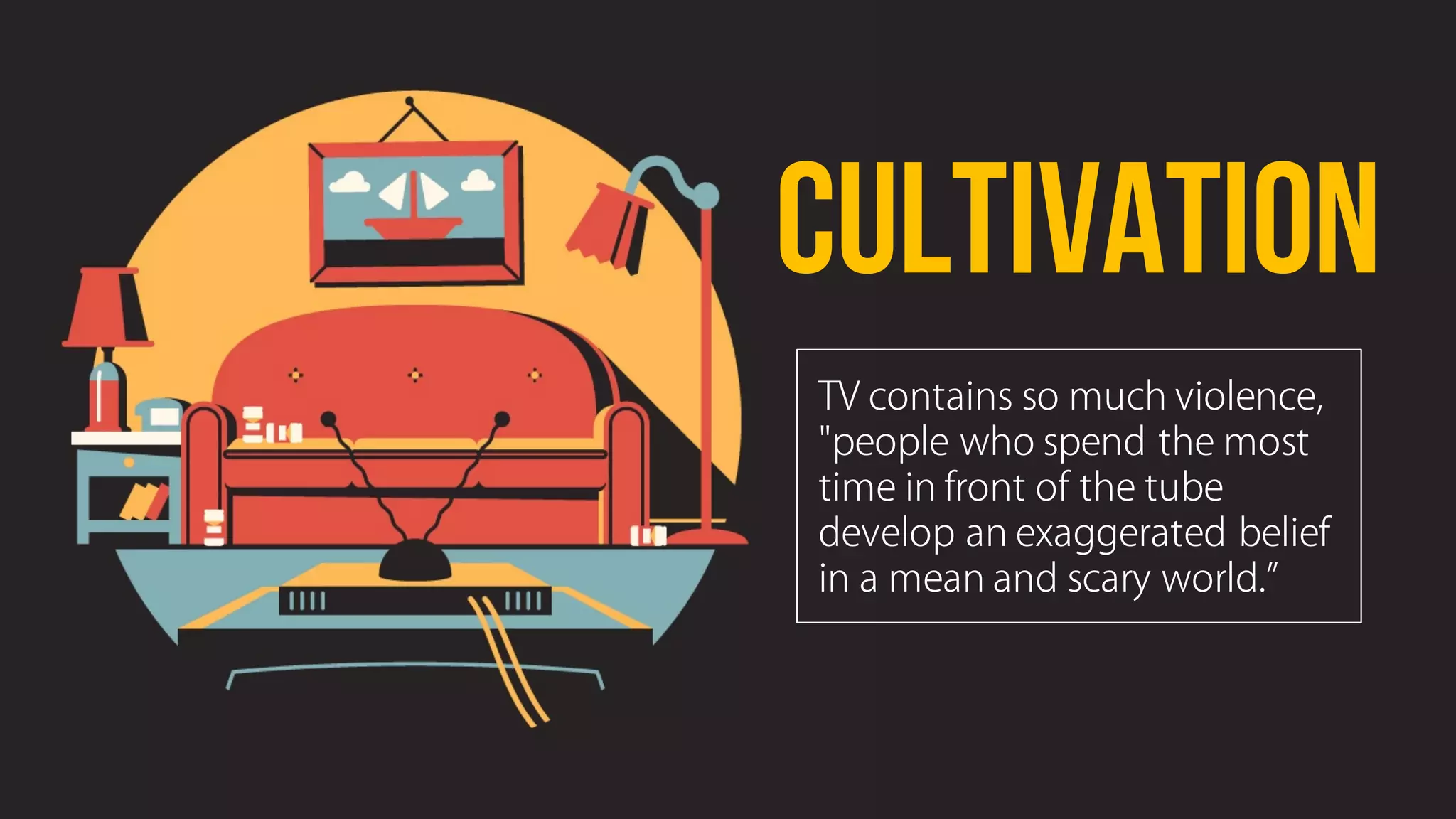 Cultivation
TV contains so much violence,
"people who spend the most
time in front of the tube
develop an exaggerated belief
in a mean and scary world.
 