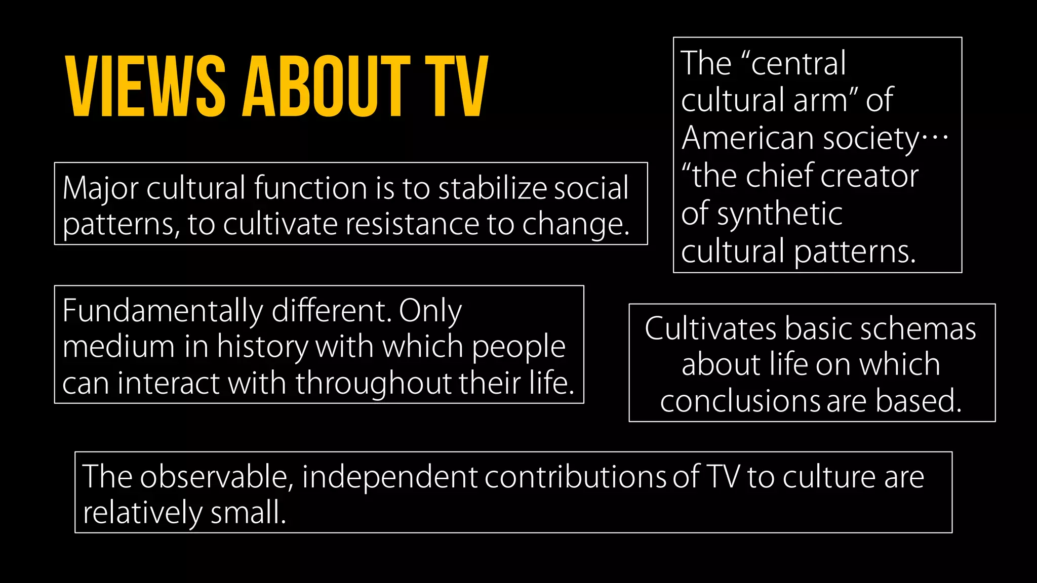 VIEWS ABOUT TV
Fundamentally different. Only
medium in history with which people
can interact with throughout their life.
Cultivates basic schemas
about life on which
conclusions are based.
Major cultural function is to stabilize social
patterns, to cultivate resistance to change.
The central
cultural arm of
American society…
the chief creator
of synthetic
cultural patterns.
The observable, independent contributions of TV to culture are
relatively small.
 