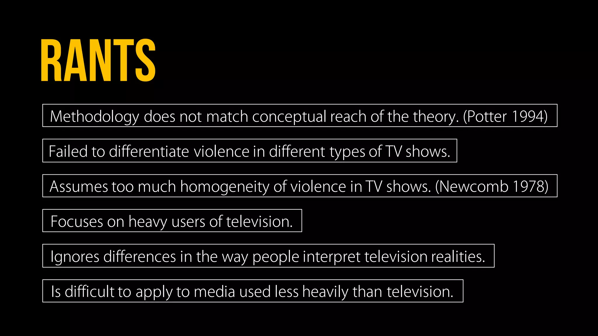 Methodology does not match conceptual reach of the theory. (Potter 1994)
Failed to differentiate violence in different types of TV shows.
Ignores differences in the way people interpret television realities.
Assumes too much homogeneity of violence in TV shows. (Newcomb 1978)
RANTS
Focuses on heavy users of television.
Is difficult to apply to media used less heavily than television.
 