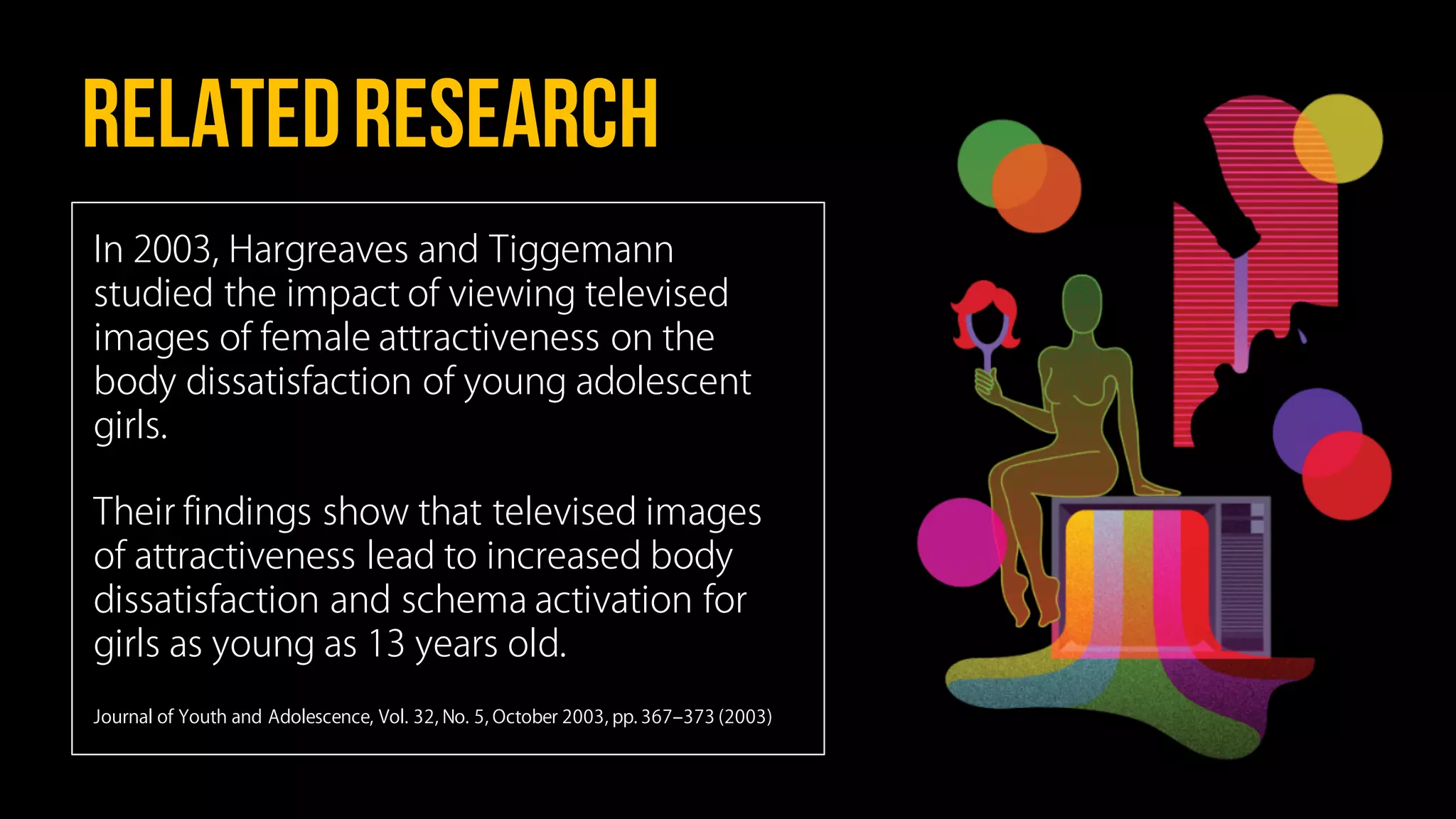 Relatedresearch
In 2003, Hargreaves and Tiggemann
studied the impact of viewing televised
images of female attractiveness on the
body dissatisfaction of young adolescent
girls.
Their findings show that televised images
of attractiveness lead to increased body
dissatisfaction and schema activation for
girls as young as 13 years old.
Journal of Youth and Adolescence, Vol. 32, No. 5, October 2003, pp. 367‒373 (2003)
 
