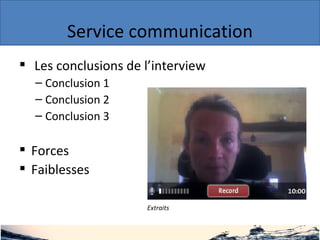 Service communication Les conclusions de l’interview Conclusion 1 Conclusion 2 Conclusion 3 Forces Faiblesses Extraits 