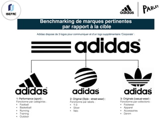 Benchmarking de marques pertinentes
par rapport à la cible
Adidas dispose de 3 logos pour communiquer et d’un logo supplémentaire ‘Corporate’ :
1- Performance (sport) :
Fonctionne par catégories :
• Football
• Basketball
• Running
• Training
• Outdoor
2- Original (Style - street-wear) :
Fonctionne par labels :
• Y-3
• Silver
• Néo
3- Originals (casual-wear) :
Fonctionne par collections :
• Footwear
• Apparel
• Accessoires
• Denim
 