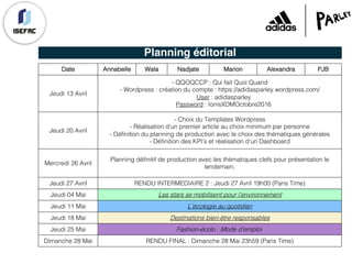 Planning éditorial
Date Annabelle Wala Nadjate Marion Alexandra PJB
Jeudi 13 Avril
- QQOQCCP : Qui fait Quoi Quand
- Wordpress : création du compte : https://adidasparley.wordpress.com/
User : adidasparley
Password : IonisXDMOctobre2016
Jeudi 20 Avril
- Choix du Templates Wordpress
- Réalisation d’un premier article au choix minimum par personne
- Définition du planning de production avec le choix des thématiques générales
- Définition des KPI’s et réalisation d’un Dashboard
Mercredi 26 Avril
Planning définitif de production avec les thématiques clefs pour présentation le
lendemain.
Jeudi 27 Avril RENDU INTERMEDIAIRE 2 : Jeudi 27 Avril 19h00 (Paris Time)
Jeudi 04 Mai Les stars se mobilisent pour l’environnement
Jeudi 11 Mai L’écologie au quotidien
Jeudi 18 Mai Destinations bien-être responsables
Jeudi 25 Mai Fashion-écolo : Mode d’emploi
Dimanche 28 Mai RENDU FINAL : Dimanche 28 Mai 23h59 (Paris Time)
 