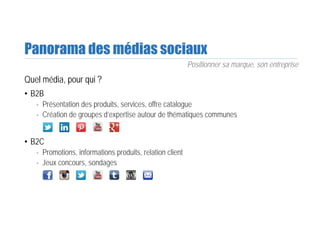 Panorama des médias sociaux
Quel média, pour qui ?
• B2B
- Présentation des produits, services, offre catalogue
- Création de groupes d’expertise autour de thématiques communes
• B2C
- Promotions, informations produits, relation client
- Jeux concours, sondages
Positionner sa marque, son entreprise
 