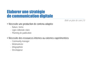 Elaborer une stratégie
de communication digitale
Bâtir un plan de com 2.0
• Nécessite une production de contenu adaptée
- Nature, forme
- Ligne éditoriale claire
- Planning de publication
• Nécessite des ressources internes ou externes expérimentées
- Community manager
- Webmarketer
- Infographiste
- Développeur
 