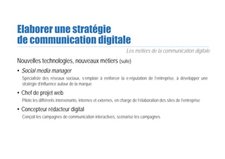 Elaborer une stratégie
de communication digitale
Les métiers de la communication digitale
Nouvelles technologies, nouveaux métiers (suite)
• Social media manager
Spécialiste des réseaux sociaux, s’emploie à renforcer la e-réputation de l’entreprise, à développer une
stratégie d’influence autour de la marque
• Chef de projet web
Pilote les différents intervenants, internes et externes, en charge de l’élaboration des sites de l’entreprise
• Concepteur rédacteur digital
Conçoit les campagnes de communication interactives, scénarise les campagnes
 