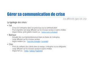 Gérer sa communication de crise
La typologie des crises
• Fail
- Erreur de l’entreprise dans ses processus ou sa communication
- Peut engendrer une large diffusion sur les réseaux sociaux et autres médias
- Impact mineur, prête plutôt à sourire (ex. : homme nu de La Redoute)
• Bad buzz
- Actualité liée à un dysfonctionnement dans la chaîne de l’entreprise
- Large diffusion sur les réseaux sociaux
- Impact modéré (ex. : Faux fans Orangina, Lassonde)
• Crise
- Perte de confiance des clients dans la marque, l’entreprise ou ses dirigeants
- Large diffusion sur les réseaux sociaux et autres médias
- Impact fort (ex. : Findus, Subway, Kryptonite)
Les différents types de crise
 