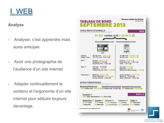 I. WEB
Analyse

-

Analyser, c’est apprendre mais

aussi anticiper.

-

Avoir une photographie de
l’audience d’un site internet

-

Adapter continuellement le
contenu et l’ergonomie d’un site
internet pour séduire toujours
davantage.

 