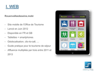 I. WEB
Rouenvalleedeseine.mobi
- Site mobile de l’Office de Tourisme
- Lancé en Juin 2012

- Disponible en FR et GB
- Tablettes + smartphones
- Géolocalisation, clic-to-call, …
- Guide pratique pour le tourisme de séjour
- Affluence multipliée par trois entre 2011 et
2013

 