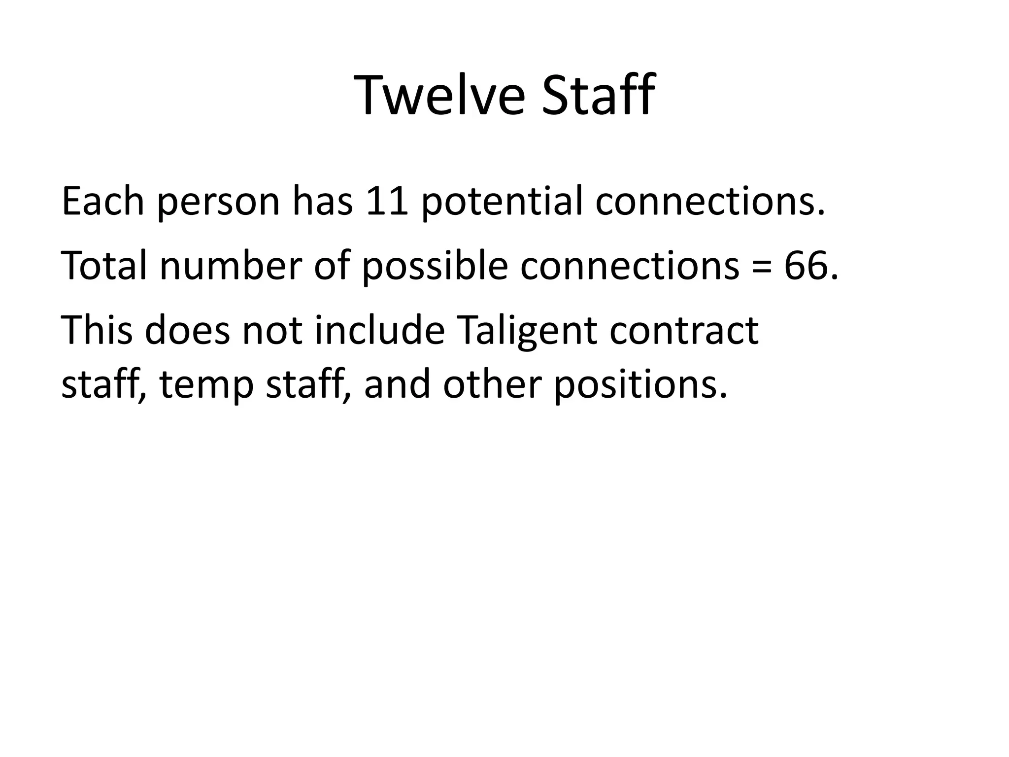 Twelve Staff
Each person has 11 potential connections.
Total number of possible connections = 66.
This does not include Taligent contract
staff, temp staff, and other positions.
 