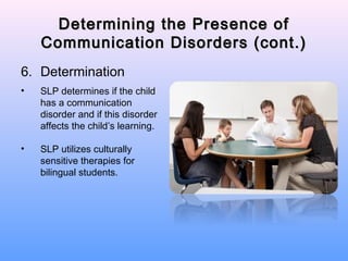 Determining the Presence of
    Communication Disorders (cont.)
6. Determination
•   SLP determines if the child
    has a communication
    disorder and if this disorder
    affects the child’s learning.

•   SLP utilizes culturally
    sensitive therapies for
    bilingual students.
 