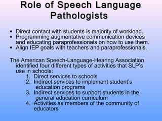 Role of Speech Language
          Pathologists
• Direct contact with students is majority of workload.
• Programming augmentative communication devices
  and educating paraprofessionals on how to use them.
• Align IEP goals with teachers and paraprofessionals.

The American Speech-Language-Hearing Association
  identified four different types of activities that SLP’s
  use in schools:
      1. Direct services to schools
      2. Indirect services to implement student’s
            education programs
      3. Indirect services to support students in the
            general education curriculum
      4. Activities as members of the community of
           educators
 