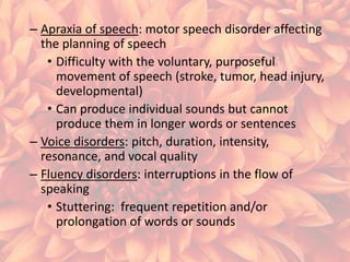 – Apraxia of speech: motor speech disorder affecting
the planning of speech
• Difficulty with the voluntary, purposeful
movement of speech (stroke, tumor, head injury,
developmental)
• Can produce individual sounds but cannot
produce them in longer words or sentences
– Voice disorders: pitch, duration, intensity,
resonance, and vocal quality
– Fluency disorders: interruptions in the flow of
speaking
• Stuttering: frequent repetition and/or
prolongation of words or sounds

 