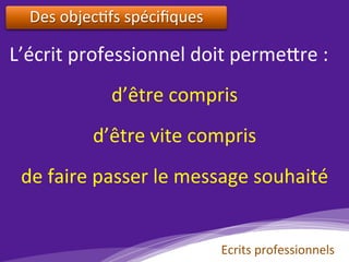 Des	objec)fs	spéciﬁques		
d’être	compris	
d’être	vite	compris	
de	faire	passer	le	message	souhaité	
L’écrit	professionnel	doit	perme?re	:	
Ecrits	professionnels	
 