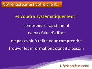 Votre	lecteur	est	votre	client…			
et	voudra	systéma)quement	:		
	
comprendre	rapidement	
ne	pas	faire	d’eﬀort	
ne	pas	avoir	à	relire	pour	comprendre	
trouver	les	informa)ons	dont	il	a	besoin	
L’écrit	professionnel	
 
