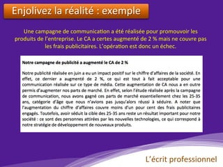 Enjolivez	la	réalité	:	exemple		
Une	campagne	de	communica)on	a	été	réalisée	pour	promouvoir	les	
produits	de	l’entreprise.	Le	CA	a	certes	augmenté	de	2	%	mais	ne	couvre	pas	
les	frais	publicitaires.	L’opéra)on	est	donc	un	échec.			
L’écrit	professionnel	
 