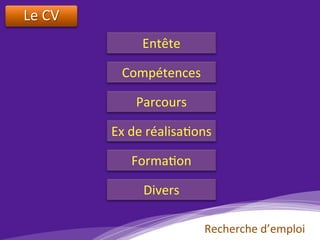 Le	CV	
	
Entête	
Parcours	
Ex	de	réalisa)ons	
Forma)on	
Divers	
Compétences	
Recherche	d’emploi	
 