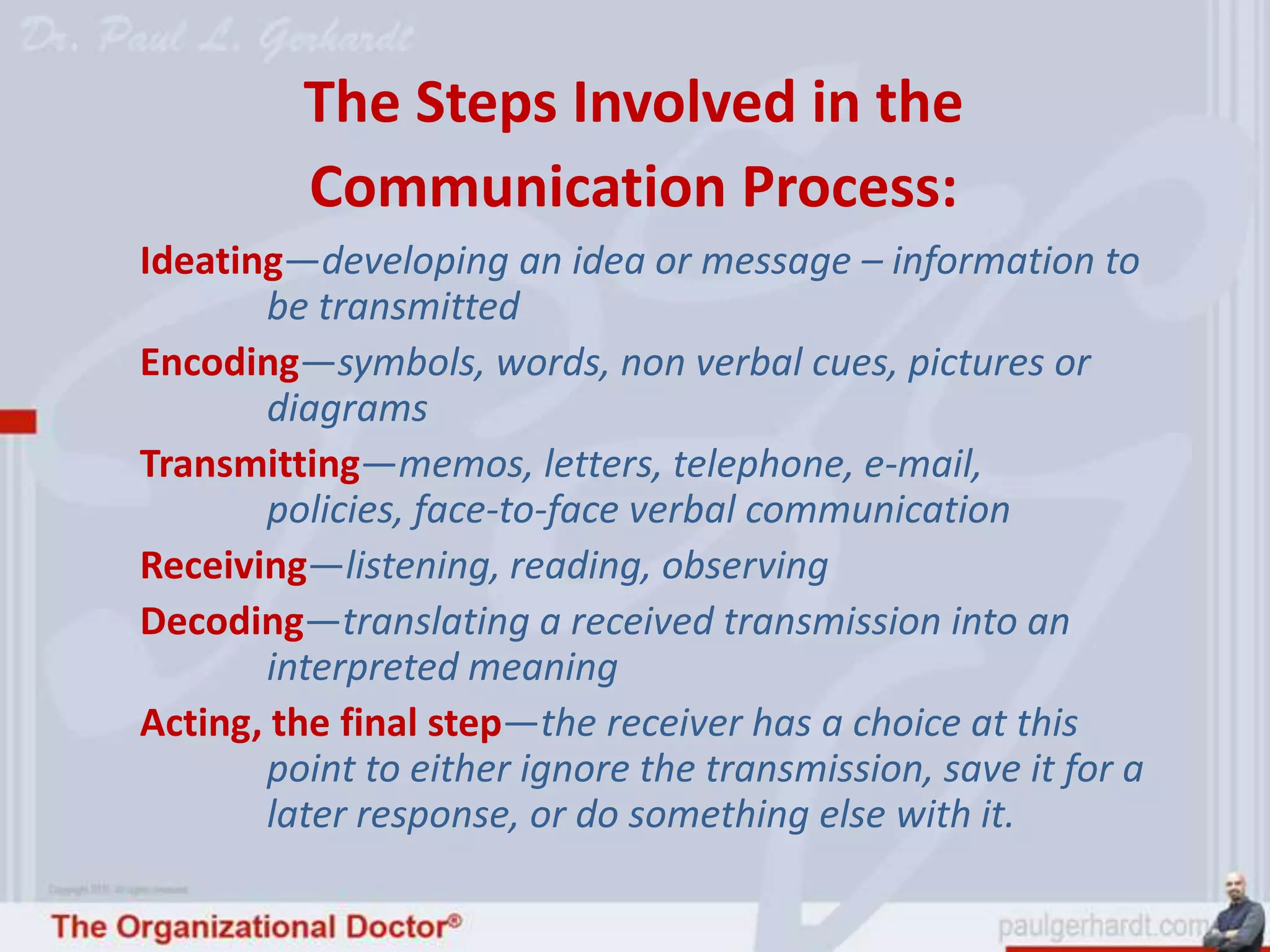 The Steps Involved in the
         Communication Process:
Ideating—developing an idea or message – information to
       be transmitted
Encoding—symbols, words, non verbal cues, pictures or
       diagrams
Transmitting—memos, letters, telephone, e-mail,
       policies, face-to-face verbal communication
Receiving—listening, reading, observing
Decoding—translating a received transmission into an
       interpreted meaning
Acting, the final step—the receiver has a choice at this
       point to either ignore the transmission, save it for a
       later response, or do something else with it.
 