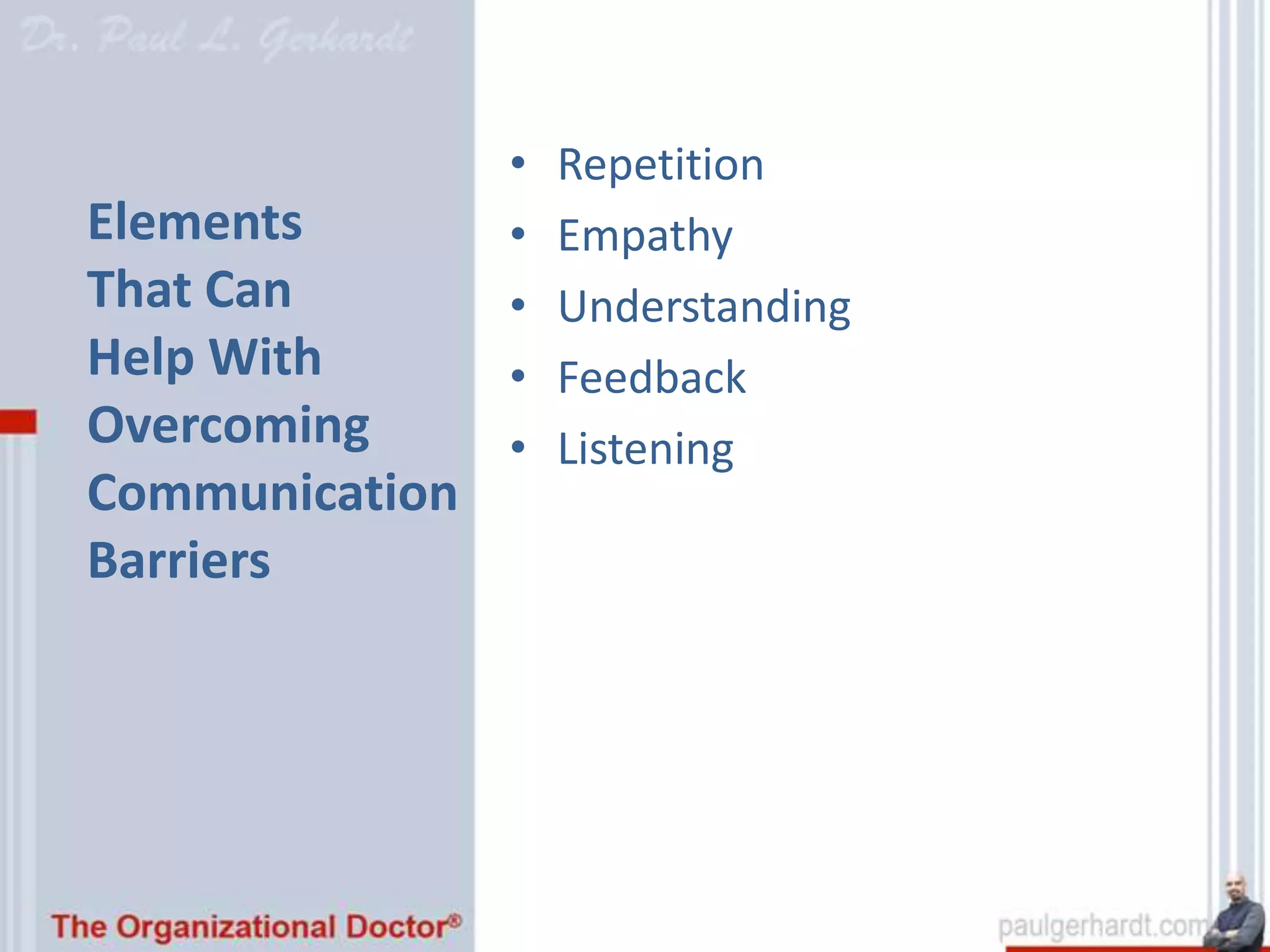 •   Repetition
Elements        •   Empathy
That Can        •   Understanding
Help With       •   Feedback
Overcoming      •   Listening
Communication
Barriers
 