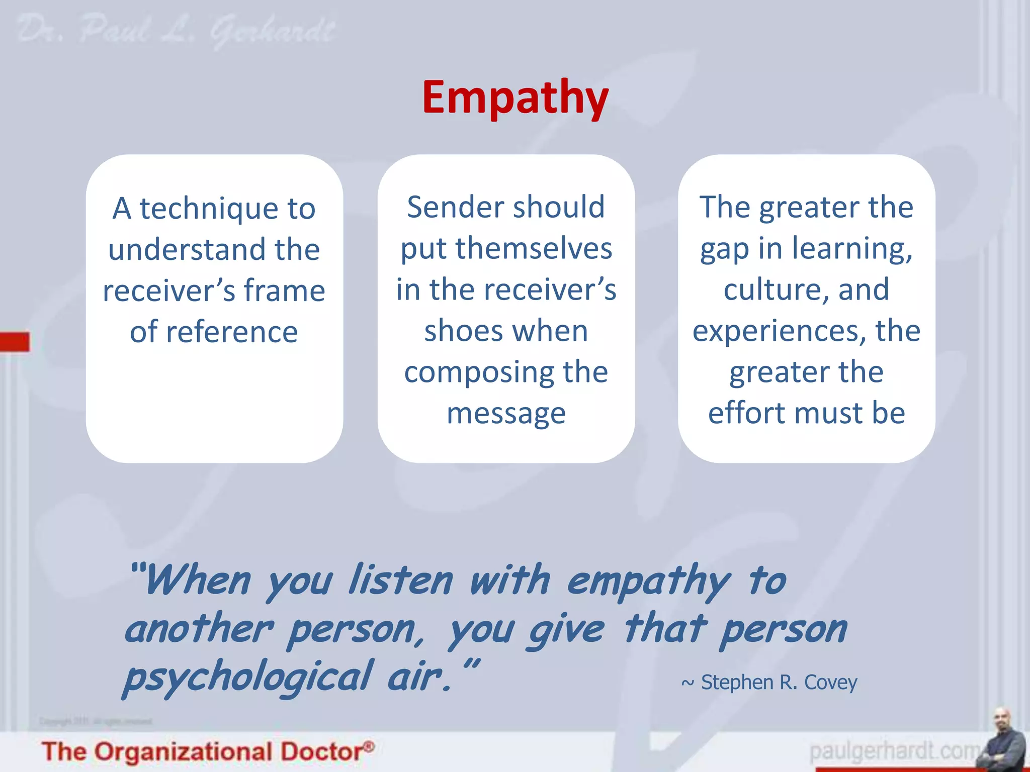 Empathy

 A technique to     Sender should      The greater the
understand the      put themselves     gap in learning,
receiver’s frame   in the receiver’s     culture, and
  of reference       shoes when        experiences, the
                    composing the        greater the
                       message          effort must be



 “When you listen with empathy to
 another person, you give that person
 psychological air.”         ~ Stephen R. Covey
 