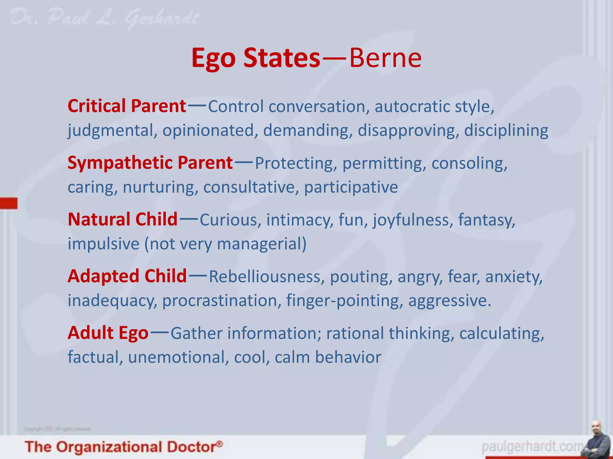 Ego States—Berne
Critical Parent—Control conversation, autocratic style,
judgmental, opinionated, demanding, disapproving, disciplining
Sympathetic Parent—Protecting, permitting, consoling,
caring, nurturing, consultative, participative
Natural Child—Curious, intimacy, fun, joyfulness, fantasy,
impulsive (not very managerial)
Adapted Child—Rebelliousness, pouting, angry, fear, anxiety,
inadequacy, procrastination, finger-pointing, aggressive.
Adult Ego—Gather information; rational thinking, calculating,
factual, unemotional, cool, calm behavior
 