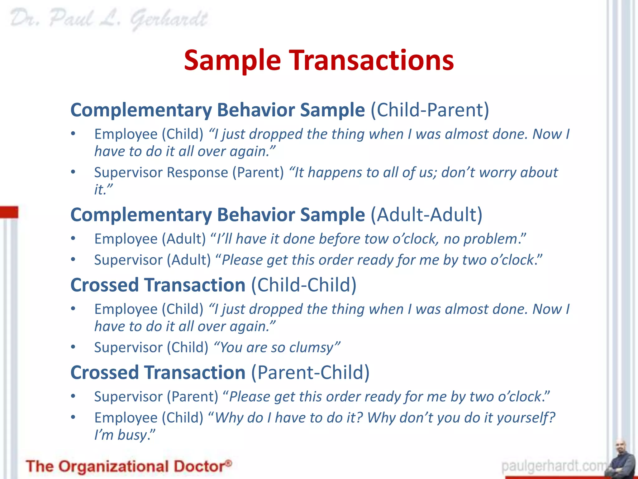 Sample Transactions
Complementary Behavior Sample (Child-Parent)
•   Employee (Child) “I just dropped the thing when I was almost done. Now I
    have to do it all over again.”
•   Supervisor Response (Parent) “It happens to all of us; don’t worry about
    it.”
Complementary Behavior Sample (Adult-Adult)
•   Employee (Adult) “I’ll have it done before tow o’clock, no problem.”
•   Supervisor (Adult) “Please get this order ready for me by two o’clock.”
Crossed Transaction (Child-Child)
•   Employee (Child) “I just dropped the thing when I was almost done. Now I
    have to do it all over again.”
•   Supervisor (Child) “You are so clumsy”
Crossed Transaction (Parent-Child)
•   Supervisor (Parent) “Please get this order ready for me by two o’clock.”
•   Employee (Child) “Why do I have to do it? Why don’t you do it yourself?
    I’m busy.”
 