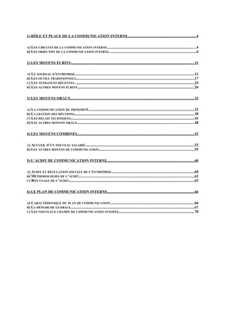 1) RÔLE ET PLACE DE LA COMMUNICATION INTERNE........................................................................4
A) LES CIRCUITS DE LA COMMUNICATION INTERNE..............................................................................................4
B) LES OBJECTIFS DE LA COMMUNICATION INTERNE............................................................................................6

2) LES MOYENS ÉCRITS...................................................................................................................................11
A) LE JOURNAL D’ENTREPRISE..............................................................................................................................11
B) LES OUTILS TRADITIONNELS.............................................................................................................................17
C) LES TENDANCES RÉCENTES ..............................................................................................................................24
D) LES AUTRES MOYENS ÉCRITS............................................................................................................................26

3) LES MOYENS ORAUX...................................................................................................................................32
A) LA COMMUNICATION DE PROXIMITÉ................................................................................................................32
B) LA GESTION DES RÉUNIONS...............................................................................................................................38
C) LES RELAIS TECHNIQUES..................................................................................................................................41
D) LES AUTRES MOYENS ORAUX............................................................................................................................48

4) LES MOYENS COMBINÉS............................................................................................................................52
A) ACCUEIL D’UN NOUVEAU SALARIÉ...................................................................................................................52
B) LES AUTRES MOYENS DE COMMUNICATION.....................................................................................................55

5) L’AUDIT DE COMMUNICATION INTERNE............................................................................................60
A) AUDIT ET RÉGULATION SOCIALE DE L’ENTREPRISE........................................................................................60
B) MÉTHODOLOGIES DE L’AUDIT..........................................................................................................................62
C) BON USAGE DE L’AUDIT.....................................................................................................................................63

6) LE PLAN DE COMMUNICATION INTERNE............................................................................................66
A) CARACTÉRISTIQUE DU PLAN DE COMMUNICATION.........................................................................................66
B) LA DÉMARCHE GLOBALE...................................................................................................................................67
C) LES NOUVEAUX CHAMPS DE COMMUNICATION INTERNE................................................................................70

 
