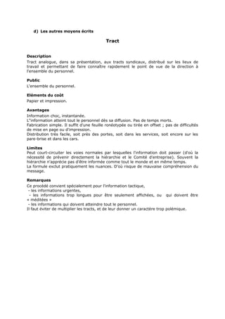 d) Les autres moyens écrits

Tract
Description
Tract analogue, dans sa présentation, aux tracts syndicaux, distribué sur les lieux de
travail et permettant de faire connaître rapidement le point de vue de la direction à
l'ensemble du personnel.
Public
L'ensemble du personnel.
Eléments du coût
Papier et impression.
Avantages
Information choc, instantanée.
L"information atteint tout le personnel dès sa diffusion. Pas de temps morts.
Fabrication simple. Il suffit d'une feuille ronéotypée ou tirée en offset ; pas de difficultés
de mise en page ou d'impression.
Distribution très facile, soit près des portes, soit dans les services, soit encore sur les
pare-brise et dans les cars.
Limites
Peut court-circuiter les voies normales par lesquelles l'information doit passer (d'où la
nécessité de prévenir directement la hiérarchie et le Comité d'entreprise). Souvent la
hiérarchie n'apprécie pas d'être informée comme tout le monde et en même temps.
La formule exclut pratiquement les nuances. D'où risque de mauvaise compréhension du
message.
Remarques
Ce procédé convient spécialement pour l'information tactique,
- les informations urgentes,
- les informations trop longues pour être seulement affichées, ou qui doivent être
« méditées »
- les informations qui doivent atteindre tout le personnel.
Il faut éviter de multiplier les tracts, et de leur donner un caractère trop polémique.

 