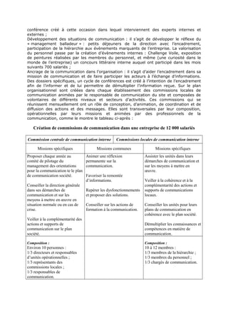 conférence créé à cette occasion dans lequel interviennent des experts internes et
externes ;
Développement des situations de communication : il s’agit de développer le réflexe du
« management balladeur » : petits déjeuners de la direction avec l’encadrement,
participation de la hiérarchie aux évènements marquants de l’entreprise. La valorisation
du personnel passe par la création d’évènements internes : Challenge Voile, exposition
de peintures réalisées par les membres du personnel, et même (une curiosité dans le
monde de l’entreprise) un concours littéraire interne auquel ont participé dans les mois
suivants 700 salariés ;
Ancrage de la communication dans l’organisation : il s’agit d’aider l’encadrement dans sa
mission de communication et de faire participer les acteurs à l’échange d’informations.
Des dossiers spécifiques, un cycle de conférences est créé à l’intention de l’encadrement
afin de l’informer et de lui permettre de démultiplier l’information reçue. Sur le plan
organisationnel sont créées dans chaque établissement des commissions locales de
communication animées par le responsable de communication du site et composées de
volontaires de différents niveaux et secteurs d’activités. Ces commissions qui se
réunissent mensuellement ont un rôle de conception, d’animation, de coordination et de
diffusion des actions et des messages. Elles sont transversales par leur composition,
opérationnelles par leurs missions et animées par des professionnels de la
communication, comme le montre le tableau ci-après :

Création de commissions de communication dans une entreprise de 12 000 salariés
Commission centrale de communication interne
Missions spécifiques
Proposer chaque année au
comité de pilotage du
management des orientations
pour la communication te le plan
de communication société.
Conseiller la direction générale
dans ses démarches de
communication et sur les
moyens à mettre en œuvre en
situation normale ou en cas de
crise.

Commissions locales de communication interne

Missions communes
Animer une réflexion
permanente sur la
communication.
Favoriser la remontée
d’informations.
Repérer les dysfonctionnements
et proposer des solutions.
Conseiller sur les actions de
formation à la communication.

Missions spécifiques
Assister les unités dans leurs
démarches de communication et
sur les moyens à mettre en
œuvre.
Veiller à la cohérence et à la
complémentarité des actions et
supports de communications
locaux.
Conseiller les unités pour leurs
plans de communication en
cohérence avec le plan société.

Veiller à la complémentarité des
actions et supports de
communication sur le plan
société.

Démultiplier les connaissances et
compétences en matière de
communication.

Composition :

Composition :

Environ 10 personnes :
1/3 directeurs et responsables
d’unités opérationnelles ;
1/3 représentants des
commissions locales ;
1/3 responsables de
communication.

10 à 12 membres :
1/3 membres de la hiérarchie ;
1/3 membres du personnel ;
1/3 chargés de communication.

 