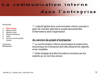 DEHAND Luc - GROSS Julien - LEBLOND Yohan 12
Introduction
1. Rôle et place
2. Moyens écrits
3. Moyens oraux
4. Moyens combinés
5. Audit
6. Plan de communication
interne
Conclusion
Bibliographie
 L’objectif global de la communication interne consiste à
gérer de manière optimale le couple demande/offre
d’informations dans l’organisation
Au service du projet d’entreprise
 La communication interne accompagne le projet socio-
économique de l’entreprise dont elle présente les objectifs
et les modalités
 Cette stratégie doit être formulée et comprise par les
salariés qui en sont les acteurs
 