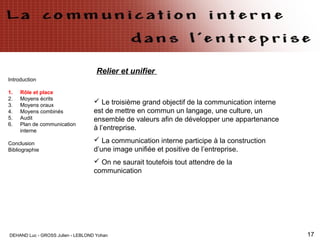 DEHAND Luc - GROSS Julien - LEBLOND Yohan 17
Introduction
1. Rôle et place
2. Moyens écrits
3. Moyens oraux
4. Moyens combinés
5. Audit
6. Plan de communication
interne
Conclusion
Bibliographie
Relier et unifier
 Le troisième grand objectif de la communication interne
est de mettre en commun un langage, une culture, un
ensemble de valeurs afin de développer une appartenance
à l’entreprise.
 La communication interne participe à la construction
d’une image unifiée et positive de l’entreprise.
 On ne saurait toutefois tout attendre de la
communication
 