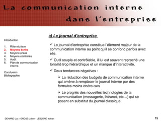 DEHAND Luc - GROSS Julien - LEBLOND Yohan 19
a) Le journal d’entreprise
Introduction
1. Rôle et place
2. Moyens écrits
3. Moyens oraux
4. Moyens combinés
5. Audit
6. Plan de communication
interne
Conclusion
Bibliographie
 Le journal d’entreprise constitue l’élément majeur de la
communication interne au point qu’il se confond parfois avec
elle.
 Outil souple et contrôlable, il lui est souvent reproché une
tonalité trop hiérarchique et un manque d’interactivité.
 Deux tendances négatives :
 La réduction des budgets de communication interne
qui amène à remplacer le journal interne par des
formules moins onéreuses
 Le progrès des nouvelles technologies de la
communication (messagerie, Intranet, etc…) qui se
posent en substitut du journal classique.
 