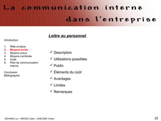 DEHAND Luc - GROSS Julien - LEBLOND Yohan 22
Lettre au personnel
Introduction
1. Rôle et place
2. Moyens écrits
3. Moyens oraux
4. Moyens combinés
5. Audit
6. Plan de communication
interne
Conclusion
Bibliographie
 Description
 Utilisations possibles
 Public
 Éléments du coût
 Avantages
 Limites
 Remarques
 