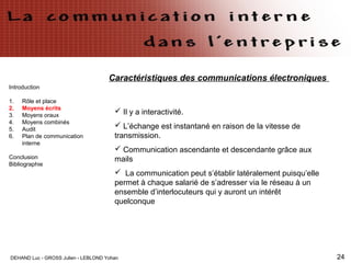 DEHAND Luc - GROSS Julien - LEBLOND Yohan 24
Introduction
1. Rôle et place
2. Moyens écrits
3. Moyens oraux
4. Moyens combinés
5. Audit
6. Plan de communication
interne
Conclusion
Bibliographie
Caractéristiques des communications électroniques
 Il y a interactivité.
 L’échange est instantané en raison de la vitesse de
transmission.
 Communication ascendante et descendante grâce aux
mails
 La communication peut s’établir latéralement puisqu’elle
permet à chaque salarié de s’adresser via le réseau à un
ensemble d’interlocuteurs qui y auront un intérêt
quelconque
 