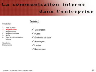 DEHAND Luc - GROSS Julien - LEBLOND Yohan 27
Introduction
1. Rôle et place
2. Moyens écrits
3. Moyens oraux
4. Moyens combinés
5. Audit
6. Plan de communication
interne
Conclusion
Bibliographie
Le tract
 Description
 Public
 Éléments du coût
 Avantages
 Limites
 Remarques
 