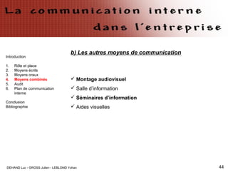 DEHAND Luc - GROSS Julien - LEBLOND Yohan 44
Introduction
1. Rôle et place
2. Moyens écrits
3. Moyens oraux
4. Moyens combinés
5. Audit
6. Plan de communication
interne
Conclusion
Bibliographie
b) Les autres moyens de communication
 Montage audiovisuel
 Salle d’information
 Séminaires d’information
 Aides visuelles
 
