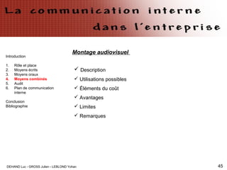 DEHAND Luc - GROSS Julien - LEBLOND Yohan 45
Introduction
1. Rôle et place
2. Moyens écrits
3. Moyens oraux
4. Moyens combinés
5. Audit
6. Plan de communication
interne
Conclusion
Bibliographie
Montage audiovisuel
 Description
 Utilisations possibles
 Éléments du coût
 Avantages
 Limites
 Remarques
 