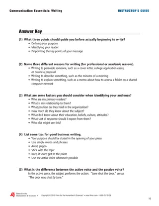 Answer Key
(1) What three points should guide you before actually beginning to write?
• Defining your purpose
• Identifying your reader
• Pinpointing the key points of your message
(2) Name three different reasons for writing (for professional or academic reasons).
• Writing to persuade someone, such as a cover letter, college application essay,
or business proposal
• Writing to describe something, such as the minutes of a meeting
• Writing to explain something, such as a memo about how to access a folder on a shared
computer network
(3) What are some factors you should consider when identifying your audience?
• Who are my primary readers?
• What is my relationship to them?
• What position do they hold in the organization?
• How much do they know about the subject?
• What do I know about their education, beliefs, culture, attitudes?
• What sort of response should I expect from them?
• Who else might see this?
(4) List some tips for good business writing.
• Your purpose should be stated in the opening of your piece
• Use simple words and phrases
• Avoid jargon
• Stick with the topic
• Keep it short; get to the point
• Use the active voice whenever possible
(5) What is the difference between the active voice and the passive voice?
In the active voice, the subject performs the action: “Jane shut the door,” versus
“The door was shut by Jane.”
10
Copyright © 2010 Films for the Humanities & Sciences®
• www.films.com • 1-800-257-5126
Communication Essentials: Writing INSTRUCTOR’S GUIDE
®
Films for the
Humanities & Sciences
 