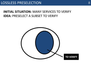 Lossless preselection8initial situation: many services to verifyidea: preselect a subset to verifyto verify