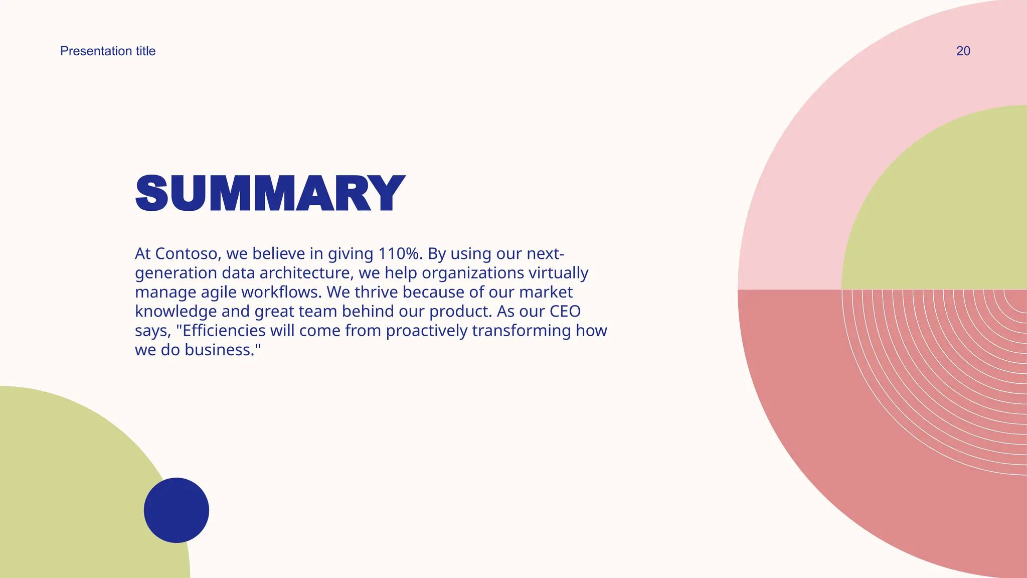 20
Presentation title
SUMMARY
At Contoso, we believe in giving 110%. By using our next-
generation data architecture, we help organizations virtually
manage agile workflows. We thrive because of our market
knowledge and great team behind our product. As our CEO
says, "Efficiencies will come from proactively transforming how
we do business."
 
