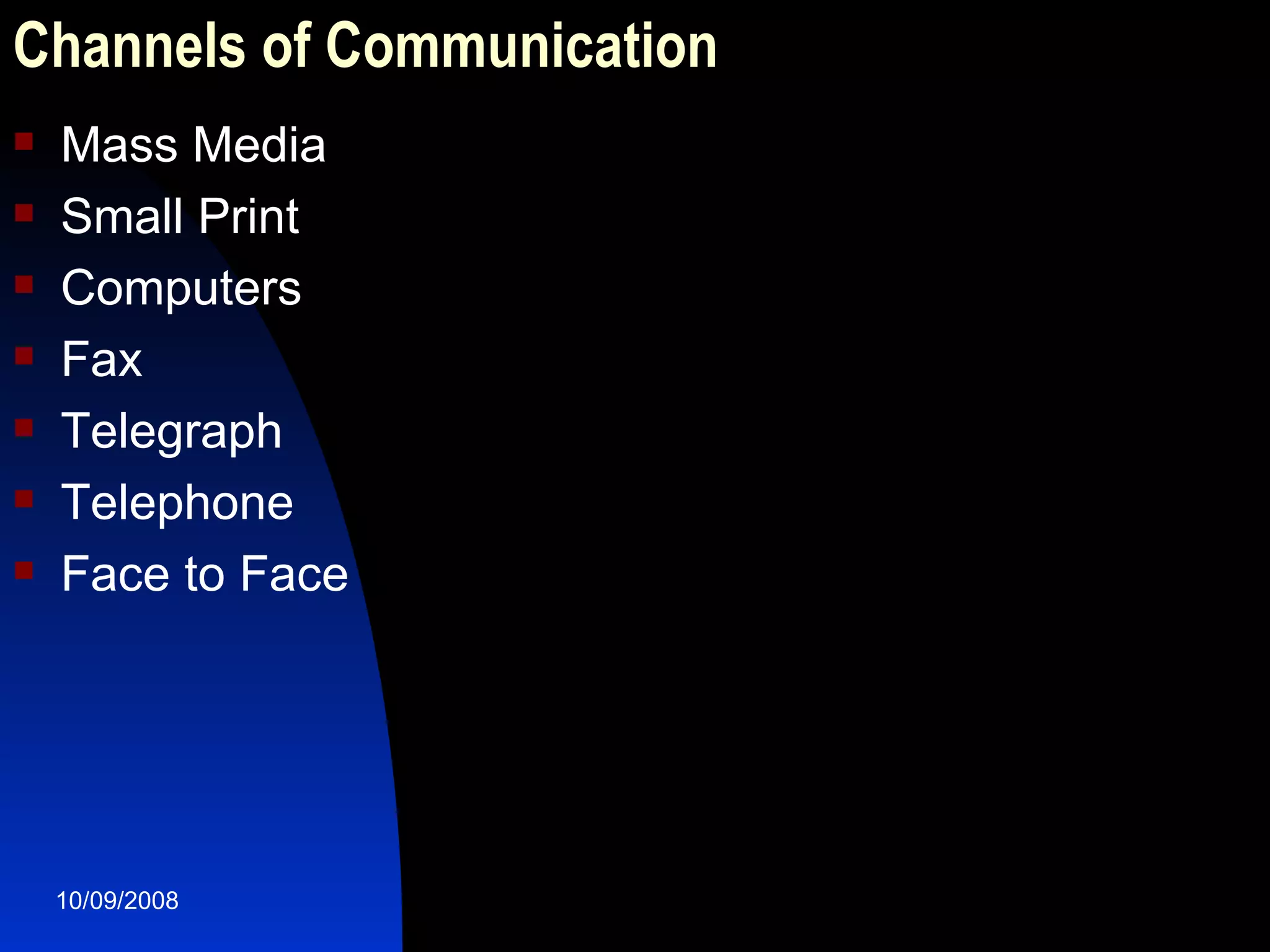 Channels of Communication Mass Media Small Print Computers Fax Telegraph Telephone Face to Face 