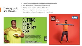 Choosing tools
and Channels
• Ongoing activities of the target audience and cultural appropriateness
• How often the target audience will receive the message
• Mode of delivery according to literacy of the audience
• Recommend using mixed channel for communication
• Seek help from professional media creators to create the tools
 